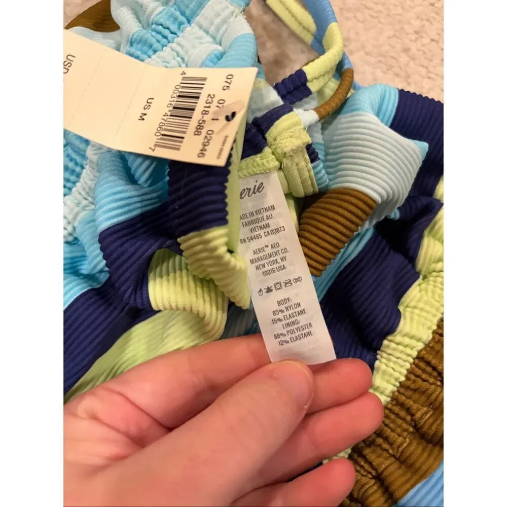 NWT Aerie Ribbed Longline Bandeau Bikini Top Blue Green Stripe Tie Straps Size M